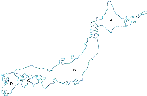 写出图中字母所代表的岛屿名称.A______,B______,C______,D______.日本的首都是______,日本最大的平原是______ 魔方格