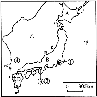 读图回答问题:请说出图中各符号所代表的地理事物名称:岛屿A是______,B是______,C是______,工业城市①是______,②是______,