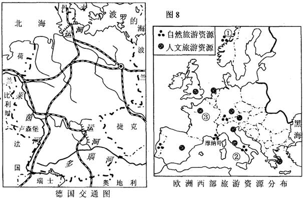 读图8并结合所学知识,回答问题。(60分)(1)简述德国地理位置的特点及重要性。(10分)(2)德国制造业发达,产品人量出口,因其______________, 读图8并结合所学知识,回答问题。(60分)(1)简述德国地理位置的特点及重要性。(10分)(2)德国制造业发达,产品人量出口,因其______________,