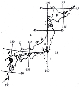 读日本图,回答图中岛屿为:A______、B______、C______、D______.图中的海洋为E______、F______、G______ 魔方格
