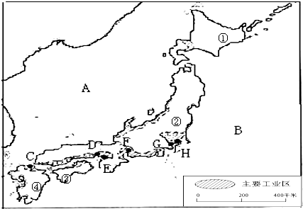 读“日本工业分布图”,回答:字母代表的地理事物名称:海洋A______B______城市F______H______数字代表的岛屿名称:①_____ 魔方格