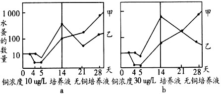 下图表示铜污染对形态、结构和生理特征相似的甲、乙两种水蚤的影响。a、b分别表示先将两种水蚤培养在不同铜浓度培养液,然后培养在无铜适宜培养液而获得的数 下图表示铜污染对形态、结构和生理特征相似的甲、乙两种水蚤的影响。a、b分别表示先将两种水蚤培养在不同铜浓度培养液,然后培养在无铜适宜培养液而获得的数
