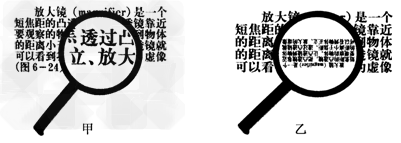 如图所示是小明同学用放大镜观察书中的字时,观察到的两种现象,分析甲、乙两幅图可知:小明放大镜是一个_____透镜,若透镜的焦距为5cm,则观察到甲图 如图所示是小明同学用放大镜观察书中的字时,观察到的两种现象,分析甲、乙两幅图可知:小明放大镜是一个_____透镜,若透镜的焦距为5cm,则观察到甲图