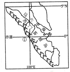读下图,回答以下小题。小题1:图中①地的经纬度是A.0° 100ºWB.5ºN 100ºEC.0° 100ºED.5&o 读下图,回答以下小题。小题1:图中①地的经纬度是A.0° 100ºWB.5ºN 100ºEC.0° 100ºED.5&o