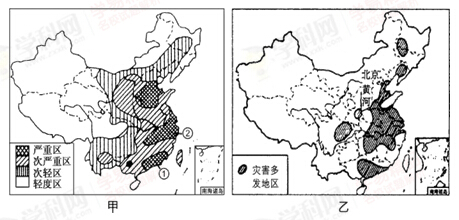 读“我国两种自然灾害分布图”,回答下列问题。甲、乙两图所示的自然灾害名称分别是_________、__________。(4分 读“我国两种自然灾害分布图”,回答下列问题。甲、乙两图所示的自然灾害名称分别是_________、__________。(4分