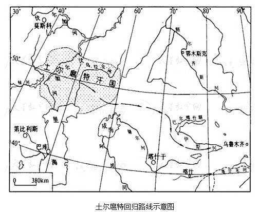 根据材料和下图,结合所学知识,回答下列问题一位西方把学家说,土尔扈特人回归的悲壮之举,“是值得我们传诵的一篇伟太的叙事史诗”。土尔扈特回归祖国大事年表——摘嫡自 根据材料和下图,结合所学知识,回答下列问题一位西方把学家说,土尔扈特人回归的悲壮之举,“是值得我们传诵的一篇伟太的叙事史诗”。土尔扈特回归祖国大事年表——摘嫡自