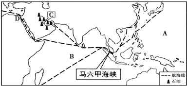 读图分析.马六甲海峡地处______地区.图中A表示______洋,B表示______洋,马六甲海峡是连接这两个大洋最近的海上通道.图中 魔方格
