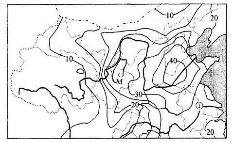 下图是我国部分地区1951—1988年旱灾频次等值线图,读图回答1—3题。小题1:图中等值线M可能的取值是A.20,30B.20,25C.25,30 下图是我国部分地区1951—1988年旱灾频次等值线图,读图回答1—3题。小题1:图中等值线M可能的取值是A.20,30B.20,25C.25,30