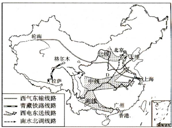 我国跨世纪的四大工程,在促进西部大开发、资源大调度等方面具有重大意义。读 “我国四大工程示意图”,完成下列各题:填出四大工程的名称:属于水资源 我国跨世纪的四大工程,在促进西部大开发、资源大调度等方面具有重大意义。读 “我国四大工程示意图”,完成下列各题:填出四大工程的名称:属于水资源