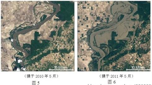 图5、图6是美国宇航局公布的密西西比河流域某地区的卫星照片。完成11~12题。小题1:对比两张卫星照片,能直接得出的判断是该区域A.2010年春季干旱严重 B. 图5、图6是美国宇航局公布的密西西比河流域某地区的卫星照片。完成11~12题。小题1:对比两张卫星照片,能直接得出的判断是该区域A.2010年春季干旱严重 B.