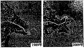 下图为我国北方某河流入海口1989年和2009年的卫星影像。该河口区河流主流曾于1996年人工改道。读图,回答1—2题。 1、比较两幅影 下图为我国北方某河流入海口1989年和2009年的卫星影像。该河口区河流主流曾于1996年人工改道。读图,回答1—2题。 1、比较两幅影