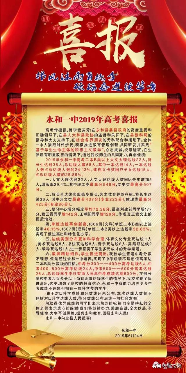 临汾永和一中2019年高考成绩喜报、一本二本上线情况 临汾永和一中2019年高考成绩喜报、一本二本上线情况