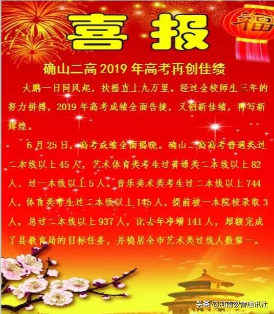 确山二高2019高考喜报成绩、一本二本上线人数情况 确山二高2019高考喜报成绩、一本二本上线人数情况