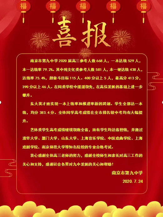 2020南京九中高考喜报、一本达线率