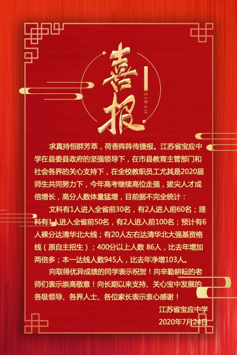 2020宝应中学高考喜报成绩、本科一本上线人数情况 2020宝应中学高考喜报成绩、本科一本上线人数情况