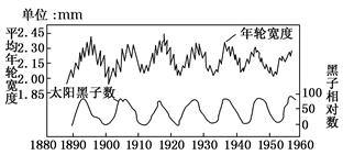 读“太阳黑子与温带乔木年轮相关性曲线图”,完成下列各题。小题1:图中年轮宽度与太阳黑子相对数之间的关系是 A.没有相关性 B.负相关C.成反比D.正相关小题2: 读“太阳黑子与温带乔木年轮相关性曲线图”,完成下列各题。小题1:图中年轮宽度与太阳黑子相对数之间的关系是 A.没有相关性 B.负相关C.成反比D.正相关小题2: