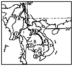 读“东南亚中南半岛地区图”,回答:图中代号表示的地理事物名称是:河流丙__________;国家D___________。 读“东南亚中南半岛地区图”,回答:图中代号表示的地理事物名称是:河流丙__________;国家D___________。