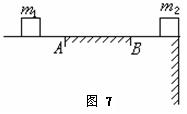 如图7所示,质量为1.0Kg的物体m1,以5m/s的速度在水平桌面上AB部分的左侧向右运动,桌面AB部分与m1间的动摩擦因数μ=0.2,AB间的距离s 如图7所示,质量为1.0Kg的物体m1,以5m/s的速度在水平桌面上AB部分的左侧向右运动,桌面AB部分与m1间的动摩擦因数μ=0.2,AB间的距离s