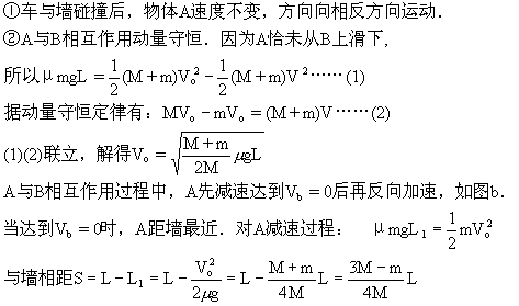 如图所示,质量为M、长度为L的小车B载着质量为m的物体A(m<M),在光滑水平面上以一定的速度与竖直墙壁相撞.若碰撞时间极短且无能量损失,撞后A恰好未从B上落下 如图所示,质量为M、长度为L的小车B载着质量为m的物体A(m<M),在光滑水平面上以一定的速度与竖直墙壁相撞.若碰撞时间极短且无能量损失,撞后A恰好未从B上落下