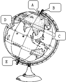 将图中地球仪上的字母与其相应的名称配对.①经线;②纬线;③南极点;④北极点;⑤地轴.A配______;B配______;C配______;D配______;E配