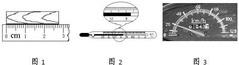 图1中木块的长度是______cm;图2中体温计的读数是______℃;图3中摩托车的行驶速度为20______. 魔方格