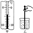 图甲中寒暑表的示数为______°C.图乙是使用温度计测水的温度时的情景,其错误是______.