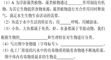 某化工厂建设在河流的上游,由于化工厂不断向河流中排放污水,导致河流受到严重污染,下图为该河流生态系统中的生物,生物体内的小点表示有毒物质。请回答: 某化工厂建设在河流的上游,由于化工厂不断向河流中排放污水,导致河流受到严重污染,下图为该河流生态系统中的生物,生物体内的小点表示有毒物质。请回答: