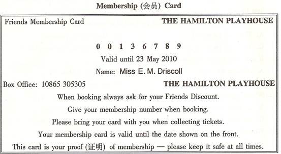 Timetable小题1:Which of the following is true of the membership card?A.Its number Timetable小题1:Which of the following is true of the membership card?A.Its number