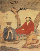 下图中的三人从右至左分别是老子、释迦牟尼、孔子。三人于一图之中,正在辩经论道。画面中,释氏坐于菩提树下,老子坐于蒲草之上,与一身士大夫装束的孔子相对 下图中的三人从右至左分别是老子、释迦牟尼、孔子。三人于一图之中,正在辩经论道。画面中,释氏坐于菩提树下,老子坐于蒲草之上,与一身士大夫装束的孔子相对