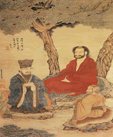 下图中的三人从右至左分别是老子、释迦牟尼、孔子。三人于一图之中,正在辩经论道。画面中,释氏坐于菩提树下成为画面主体,老子坐于蒲草之上,与一身士大夫装 下图中的三人从右至左分别是老子、释迦牟尼、孔子。三人于一图之中,正在辩经论道。画面中,释氏坐于菩提树下成为画面主体,老子坐于蒲草之上,与一身士大夫装