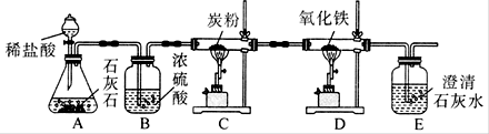 (5分)下图是某课外学习小组设计的气体制备与性质验证的组合实验,其中装置C的作用是将二氧化碳和炭粉在高温下转化为一氧化碳。请看图回答下列问题:写出装置A中 (5分)下图是某课外学习小组设计的气体制备与性质验证的组合实验,其中装置C的作用是将二氧化碳和炭粉在高温下转化为一氧化碳。请看图回答下列问题:写出装置A中