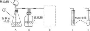 (7分)某石灰厂需要测定石灰石样品中CaC03的质量分数。小刚设计了下图所示装置来完成实验(杂质不与酸反应):(1)仪器①的名称是_______。A装置中反应的 (7分)某石灰厂需要测定石灰石样品中CaC03的质量分数。小刚设计了下图所示装置来完成实验(杂质不与酸反应):(1)仪器①的名称是_______。A装置中反应的