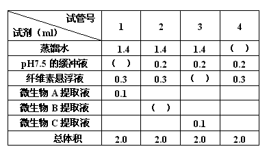 利用纤维素解决能源问题的关键,是高性能纤维素酶的获取。请完善以下实验方案,并回答相关问题。实验目的:比较三种微生物所产生的纤维素酶的活性。实验原理: 利用纤维素解决能源问题的关键,是高性能纤维素酶的获取。请完善以下实验方案,并回答相关问题。实验目的:比较三种微生物所产生的纤维素酶的活性。实验原理: