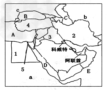读中东空白图,回答问题。写出国家名称:1_________;2_________;3_________;4_________;运河:5__ 读中东空白图,回答问题。写出国家名称:1_________;2_________;3_________;4_________;运河:5__
