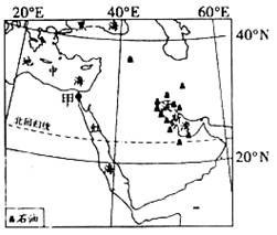 读右图,回答小题。小题1:图中甲地的经纬度大约为A.32°E,30°NB.32°W,30°N C.32°W,30°SD.32°E,30°S小题2:甲地位于五带中 读右图,回答小题。小题1:图中甲地的经纬度大约为A.32°E,30°NB.32°W,30°N C.32°W,30°SD.32°E,30°S小题2:甲地位于五带中