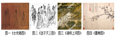 中国画是历史悠久的民族艺术。下列表述错误的是 A.图一是东晋顾恺之作品,体现了“以形写神”的风格B.图二体现唐代阎立本兼收井蓄,吸取外来美术的风格C.图三描绘了 中国画是历史悠久的民族艺术。下列表述错误的是 A.图一是东晋顾恺之作品,体现了“以形写神”的风格B.图二体现唐代阎立本兼收井蓄,吸取外来美术的风格C.图三描绘了