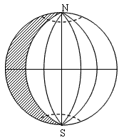 读下图所示阴影部分表示7月6日,此时北京地方时为10时44分。读后回答——题。 此时太阳直射的地理坐标可能是 读下图所示阴影部分表示7月6日,此时北京地方时为10时44分。读后回答——题。 此时太阳直射的地理坐标可能是