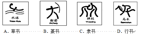 2008年北京奥运会图标设计体现了中国悠久的历史文化传统。下图为其中的一组图标,它的设计构思取材于中国古代书法的哪一种书体 2008年北京奥运会图标设计体现了中国悠久的历史文化传统。下图为其中的一组图标,它的设计构思取材于中国古代书法的哪一种书体