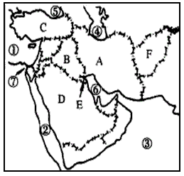 读图,回答问题。写出字母所代表的国家名称: A B C D E F 写出各数字代表的地理事物名称: ① 读图,回答问题。写出字母所代表的国家名称: A B C D E F 写出各数字代表的地理事物名称: ①