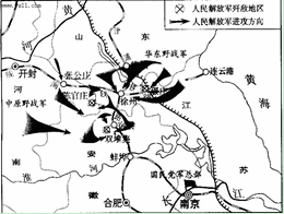小明在电影《大决战》中看到:人民解放军前敌最高指挥部的墙上,挂着一幅军用地图,主要内容如下图,请帮小明判断:此时电影内容再现的历史场景是 小明在电影《大决战》中看到:人民解放军前敌最高指挥部的墙上,挂着一幅军用地图,主要内容如下图,请帮小明判断:此时电影内容再现的历史场景是