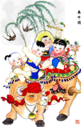 天津杨柳青年画《春牛图》反映了我国立春重要的民俗—— “鞭打春牛”。春牛不是活的耕牛,而是泥捏纸粘的“土牛”。据考证,约成书于战国的《周礼》有对这一 天津杨柳青年画《春牛图》反映了我国立春重要的民俗—— “鞭打春牛”。春牛不是活的耕牛,而是泥捏纸粘的“土牛”。据考证,约成书于战国的《周礼》有对这一