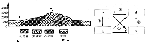 图一为“某地地质剖面示意图”,图二为“地壳物质循环简图”。读图回答问题。图一 图二小题1:图一所示地区的地质构造形态为A.向斜B.背斜C.地垒D.地堑小题2:如 图一为“某地地质剖面示意图”,图二为“地壳物质循环简图”。读图回答问题。图一 图二小题1:图一所示地区的地质构造形态为A.向斜B.背斜C.地垒D.地堑小题2:如
