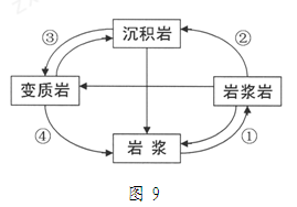 读“地壳物质循环示意图9”,回答题。小题1:图中序号代表的地质作用正确的是A.① ——重熔再生B.② ——冷却凝固C.③ ——变质作用D.④ ——外力作用小题2 读“地壳物质循环示意图9”,回答题。小题1:图中序号代表的地质作用正确的是A.① ——重熔再生B.② ——冷却凝固C.③ ——变质作用D.④ ——外力作用小题2