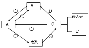 读岩石相互转化地壳物质循环略图,回答下列问题。填出方框内字母代表的物质名称: A___________;B________ 读岩石相互转化地壳物质循环略图,回答下列问题。填出方框内字母代表的物质名称: A___________;B________