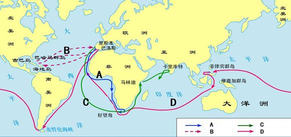 如图,历史课上,老师指着下图A、B、C、D中的一条航行路线说:“哥伦布就是沿着这条航线发现美洲大陆的”老师指的航线应是: 如图,历史课上,老师指着下图A、B、C、D中的一条航行路线说:“哥伦布就是沿着这条航线发现美洲大陆的”老师指的航线应是: