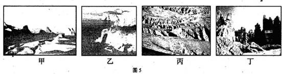 读图5,完成问题。小题1:图中属于典型喀斯特地貌的是A.甲B.乙C.丙D.丁小题2:喀斯特地貌广泛分布于A.云贵高原B.黄土高原C.青藏高原D.内蒙古高原小题3 读图5,完成问题。小题1:图中属于典型喀斯特地貌的是A.甲B.乙C.丙D.丁小题2:喀斯特地貌广泛分布于A.云贵高原B.黄土高原C.青藏高原D.内蒙古高原小题3