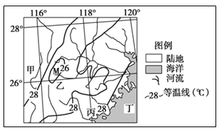 读“我国某地某月等温线图”,完成下列各题。小题1:图中甲、乙、丙、丁四个区域,其中年降水量最大的区域可能是A.甲B.乙C.丙D.丁小题2:图中M地气温及 读“我国某地某月等温线图”,完成下列各题。小题1:图中甲、乙、丙、丁四个区域,其中年降水量最大的区域可能是A.甲B.乙C.丙D.丁小题2:图中M地气温及