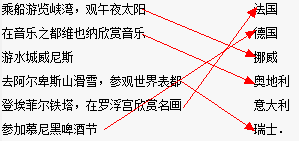 将下列旅游活动与相关国家相连乘船游览峡湾,观午夜太阳法国在音乐之都维也纳欣赏音乐 德国游水城威尼斯 挪威去阿尔卑斯山滑雪,参观世界表都 奥地利登埃菲尔铁塔,在罗 魔方格