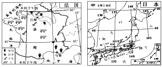 读“法国”和“日本”两幅简图,回答下列问题。图中本初子午线是指 度经线。从纬度位置看,法国位于 半球。从海陆位置 看,日本东临 读“法国”和“日本”两幅简图,回答下列问题。图中本初子午线是指 度经线。从纬度位置看,法国位于 半球。从海陆位置 看,日本东临