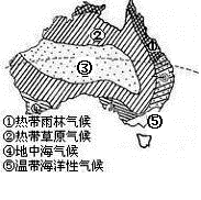 读澳大利亚气候分布图,完成问题。小题1:澳大利亚的气候分布特点是A.以赤道为中心南北对称B.呈半环状C.世界上热带草原气候分布最广D.季风气候典型小题2:图中⑤ 读澳大利亚气候分布图,完成问题。小题1:澳大利亚的气候分布特点是A.以赤道为中心南北对称B.呈半环状C.世界上热带草原气候分布最广D.季风气候典型小题2:图中⑤